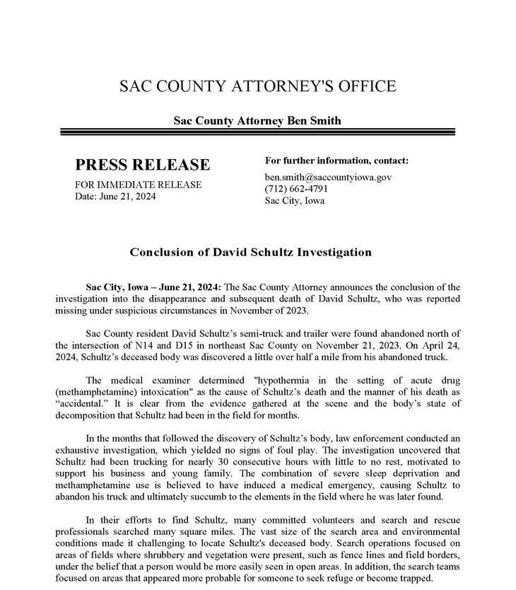 Sac County Attorney's Office Conclusion of David Schultz Investigation